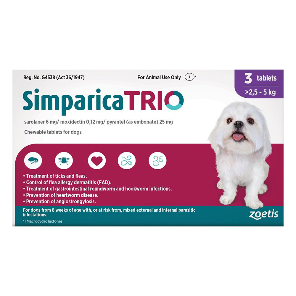 Buy Simparica TRIO for Dogs 2.6 - 5kg (PURPLE) 3 Tablets Online